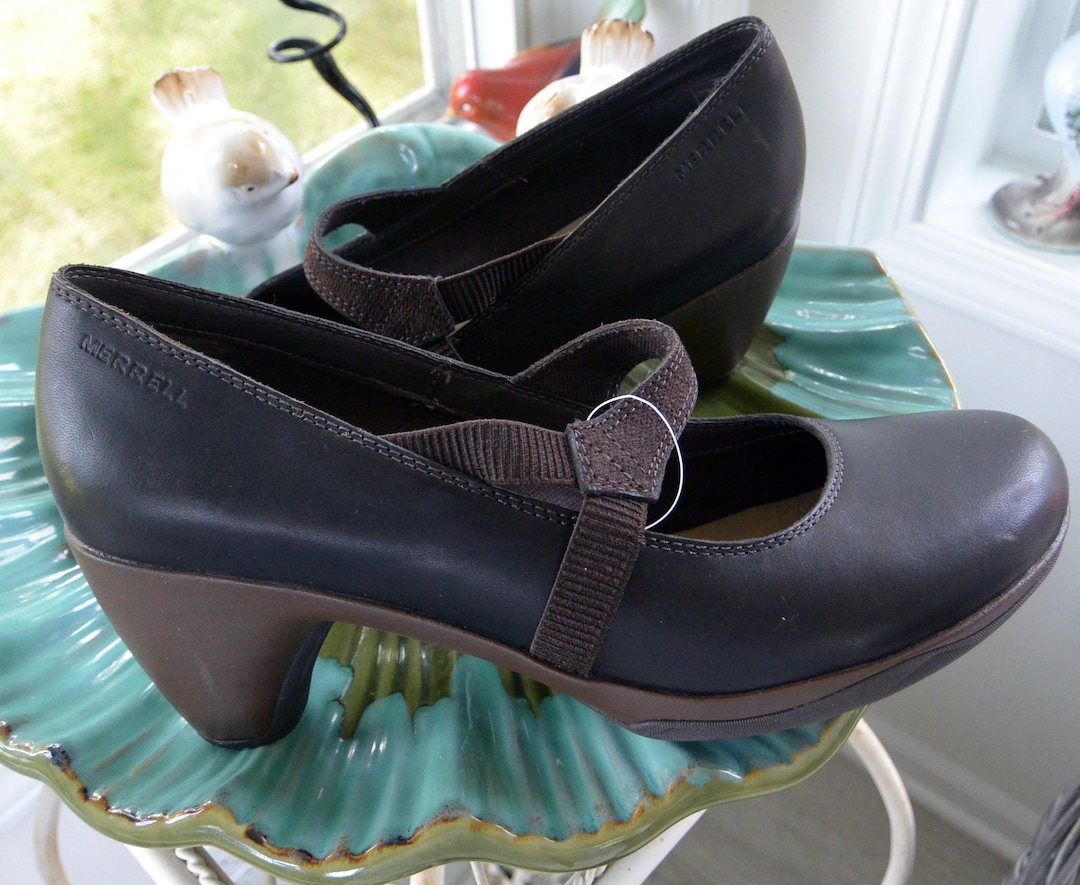 Merrell Mary Jane Shoes: Black Leather Heels, US 10 / EU 41