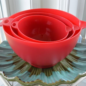 3 Mixing Bowls - Quality Red Plastic, Lightweight/Durable,  Kitchen/Baking, Vintage, SALE!