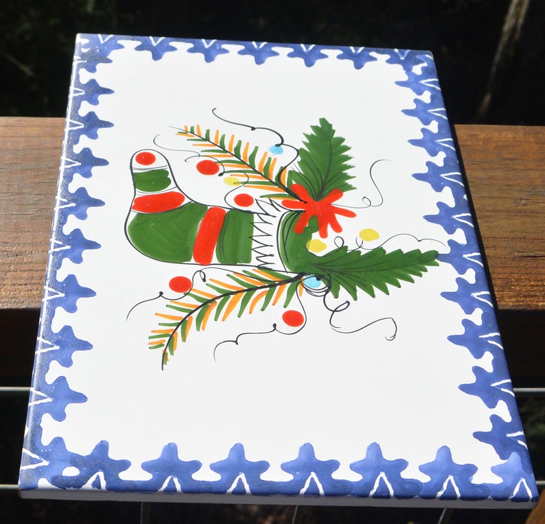 48 HR SALE Italy Decor Tile Rare Fabulous! Large SockGreenery 12x8 Inches -Vintage Blue Edge