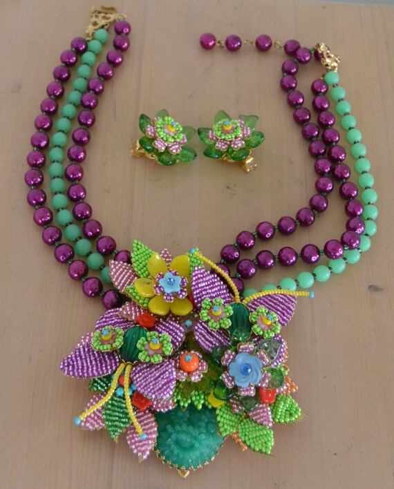 Stanley Hagler Necklace Earring Set: Signed, Beaded Butterfly