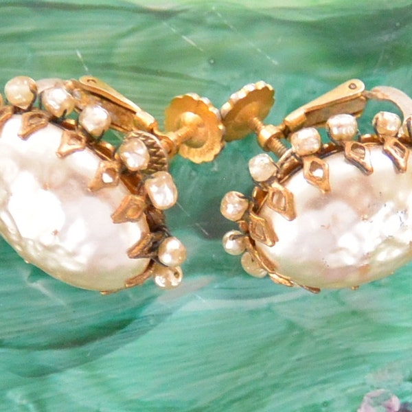 Miriam Haskell Earrings - Signed, Baroque Pearl Clip, Gold Plated Setting, Vintage, SALE!