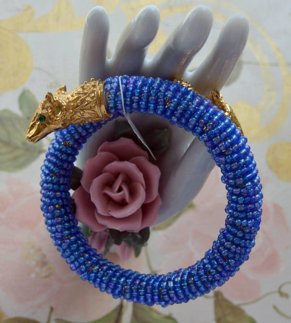 Vintage KJL Golden Rams Bracelet: Cobalt Blue Beads, Green Eyes