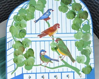 VENTE ! Rangement pour clés oiseaux - Plusieurs oiseaux peints à la main, cage et verdure, bois, 5 emplacements pour clés, excellent cadeau - vintage - rare, fabuleux !
