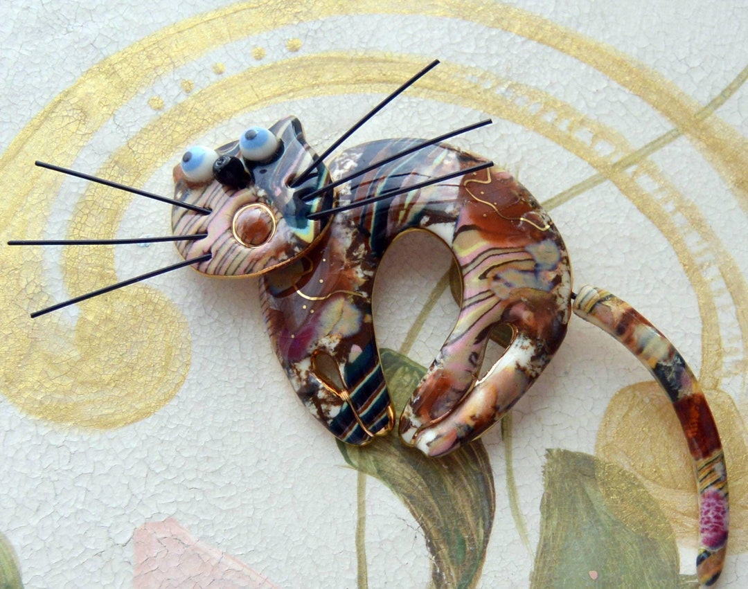 Cynthia Chuang Cat Brooch: Signed, Hand-painted Porcelain