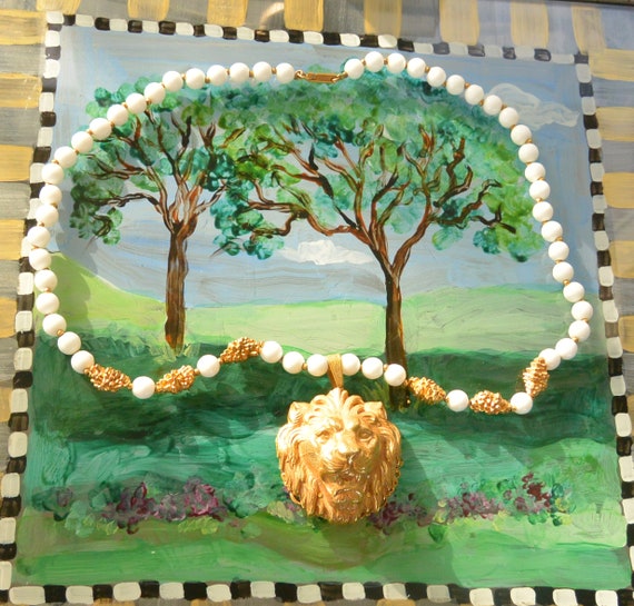 Miriam Haskell Necklace: Gold Lion Head, White Mi… - image 1