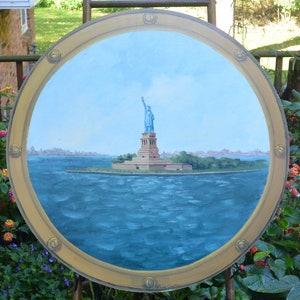 SALE! Statue of Liberty Canvas Art, Watercolor - Signed,  Ship Porthole View, Wood , Great Gift- Vintage -  Very Rare, Fabulous!