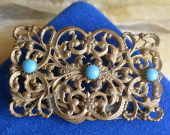 Art Deco Belt Buckle: Gold Tone Metal with Blue Glass Cabochons Vintage, SALE!