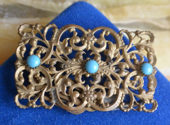 Art Deco Belt Buckle: Gold Tone Metal With Blue Glass  display picture 2
