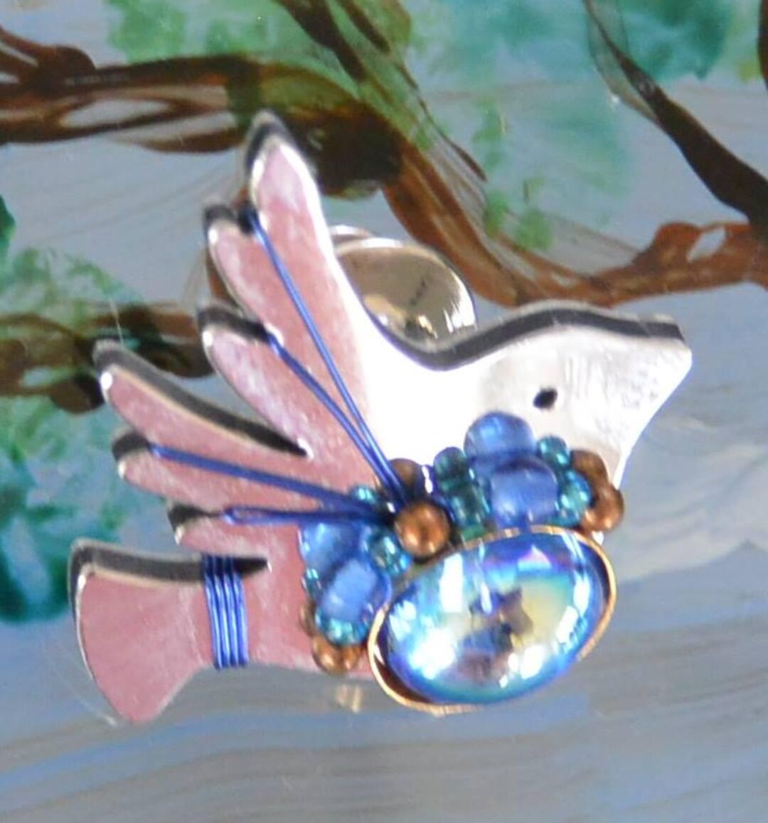 Liztech Brooch, Peach Dove : Signed, Handcrafted USA, Retro Glass