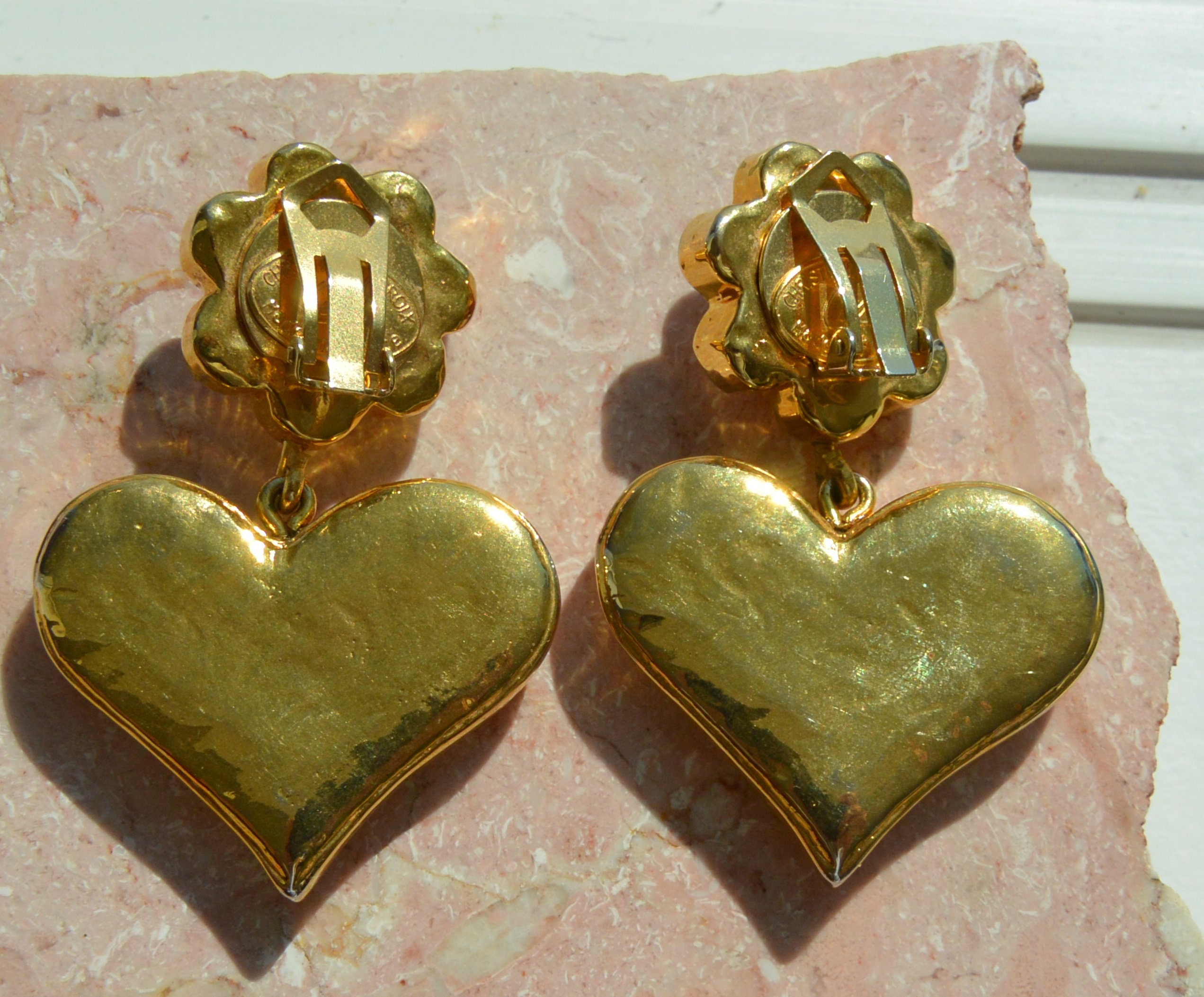 Christian Lacroix Gold Plated Heart Clip Earrings With Orange