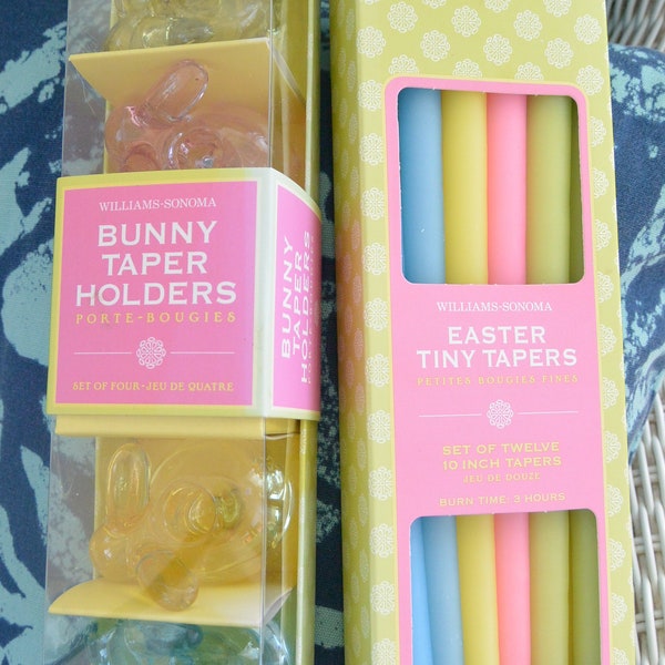 SALE! William Sonoma Bunnies/Tapers Sets - UNUSED - 4 Glass Bunnies, 12 Colorful Tapers, Easter/Birthdays - Vintage - Rare, Fabulous!