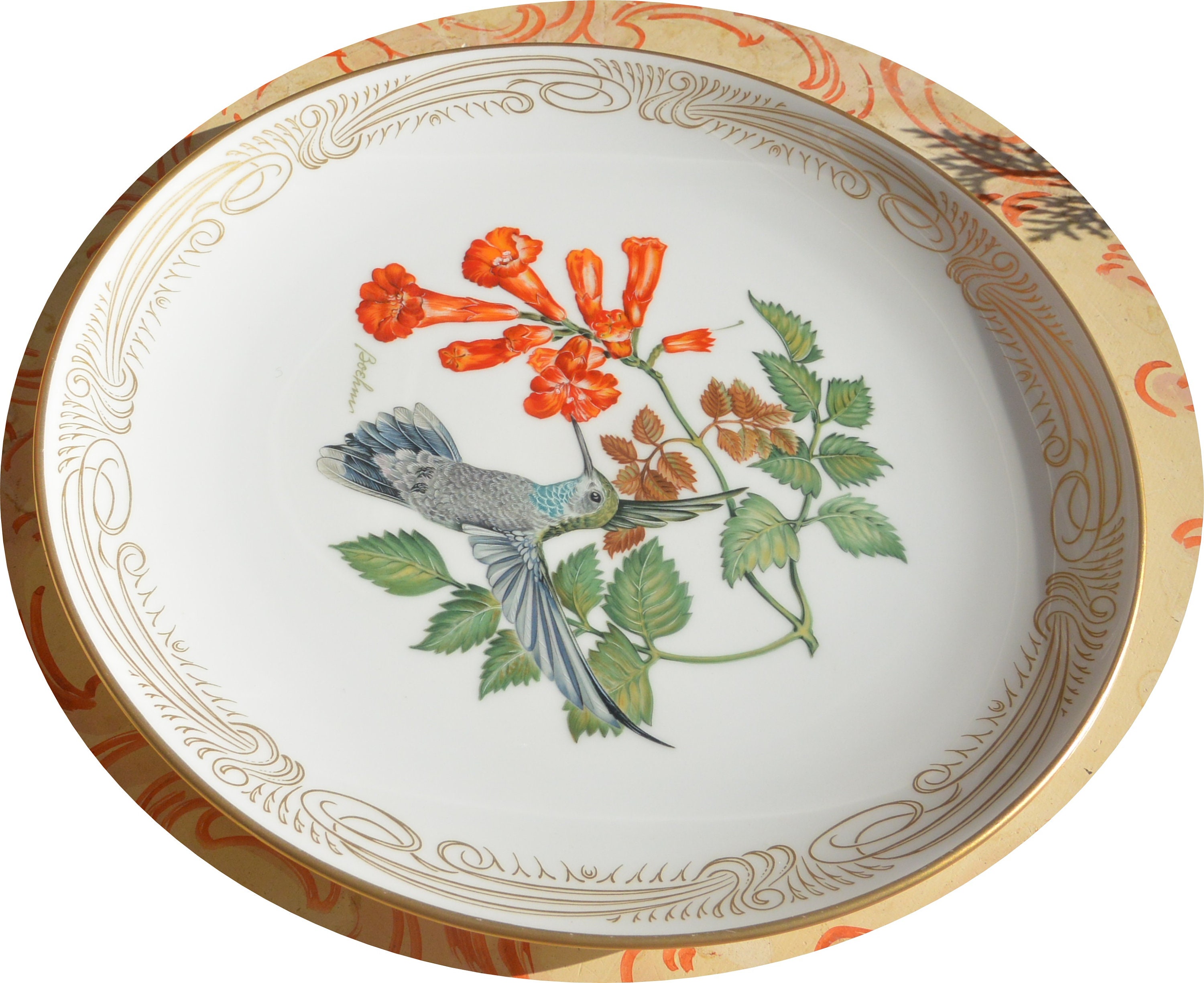 VENTE ! Assiette colibri Lenox Boehm - inutilisée - porcelaine tendre, bordure en or 24 carats, boîte, excellent cadeau - vintage - rare, fabuleux !