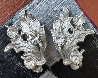 Pendientes de clip Albert Weiss: Firmados, elegante montura en forma de hoja, transparentes, grandes cabujones redondos, glamurosos, vintage, ¡REBAJAS!