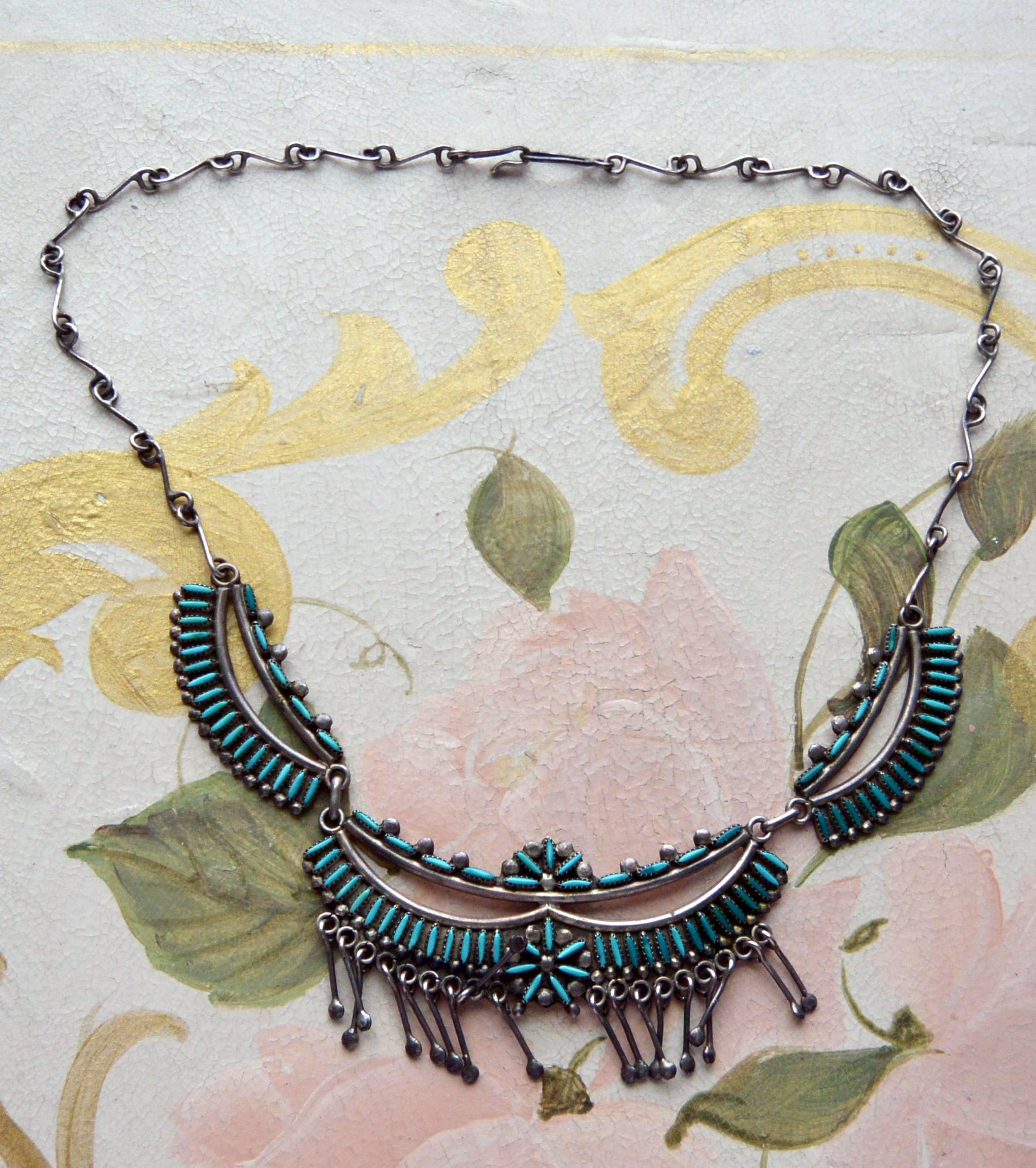 Zuni Turquoise Needlepoint Necklace: Signed Bowekaty, Sterling