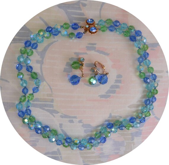 Weiss Like Necklace/Clip Earrings Set, - Glam Blue/Green, Vintage