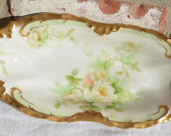 VENTE ! Plat de roses de Limoges, bordure dorée - poinçonné, forme élégante, 33 cm, excellent cadeau - vintage - rare, fabuleux !