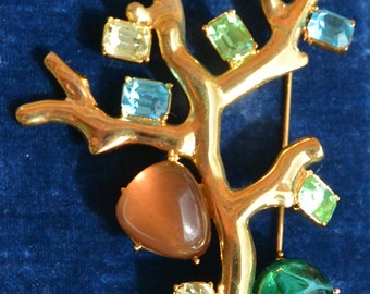 SALE! Kenneth J Lane Glam Brooch, Tree of Life - Signed, Sim Pearl, Multi Color/Size Stones, Great Gift - Vintage - Very Rare, Fabulous!