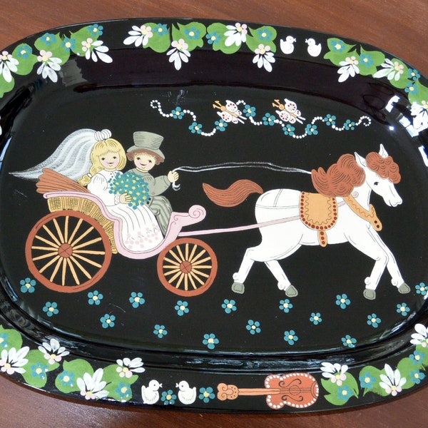 SALE! Burkart Handarbeit Tray -  Bride & Groom, Horse Drawn Carriage, Switzerland, Hand Painted - Vintage -  Very Rare, Fabulous!