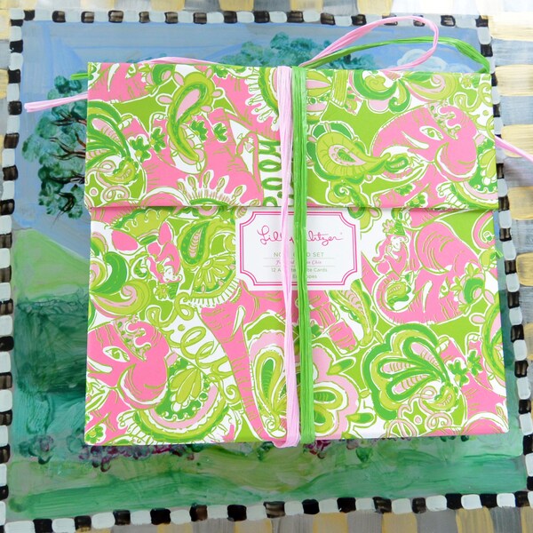 SALE! Lilly Pulitzer Stationary - UNUSED -  12 Assorted Cards/Envelopes, Orig Lily Box, Green/Pink, Great Gift -  Vintage - Rare, Fabulous!