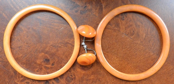 SALE! Bakelite Earrings, 2 Orange Bangle Bracelet… - image 2