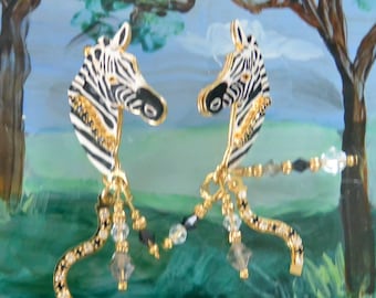 Lunch at the Ritz Earrings: UNUSED, Signed, Zebras, Swarovski Crystals, Pierced, Vintage, Retired!