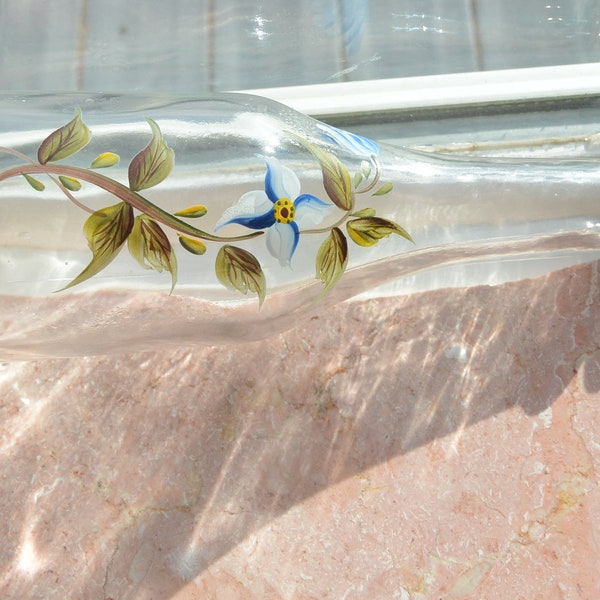 SALE! Handpainted Bottle w Stopper - UNUSED - Blue Flower, Green Leaves, Sun Catcher, Great Gift - Vintage - Rare, Fabulous!