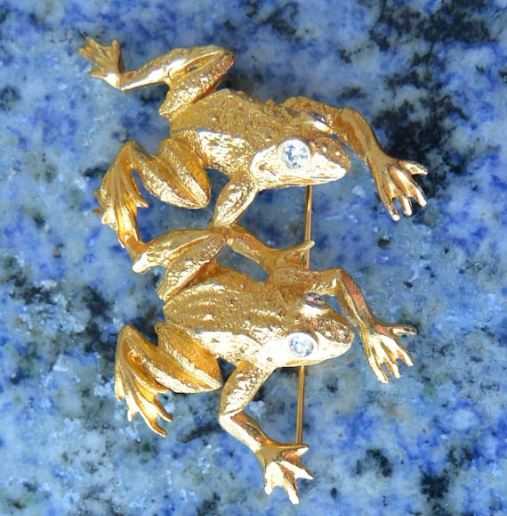 Judith Mullen Frogs Brooch -  Two  Golden Frogs, Crystal Eyes , Famous Piece, Vintage, SALE! View 2