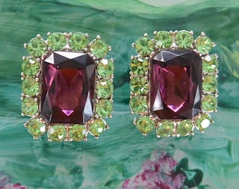 Kenneth Jay Lane Clip Earrings:  UNUSED - Signed, Amethyst & Peridot Crystals, Vintage, SALE!