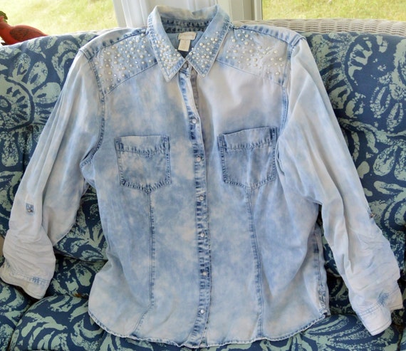 SALE Chico s Tie Dye Shirt Blue white Cotton Pearl Accent Chico Sze 3 Beautiful Vintage Rare Fabulous Etsy UK