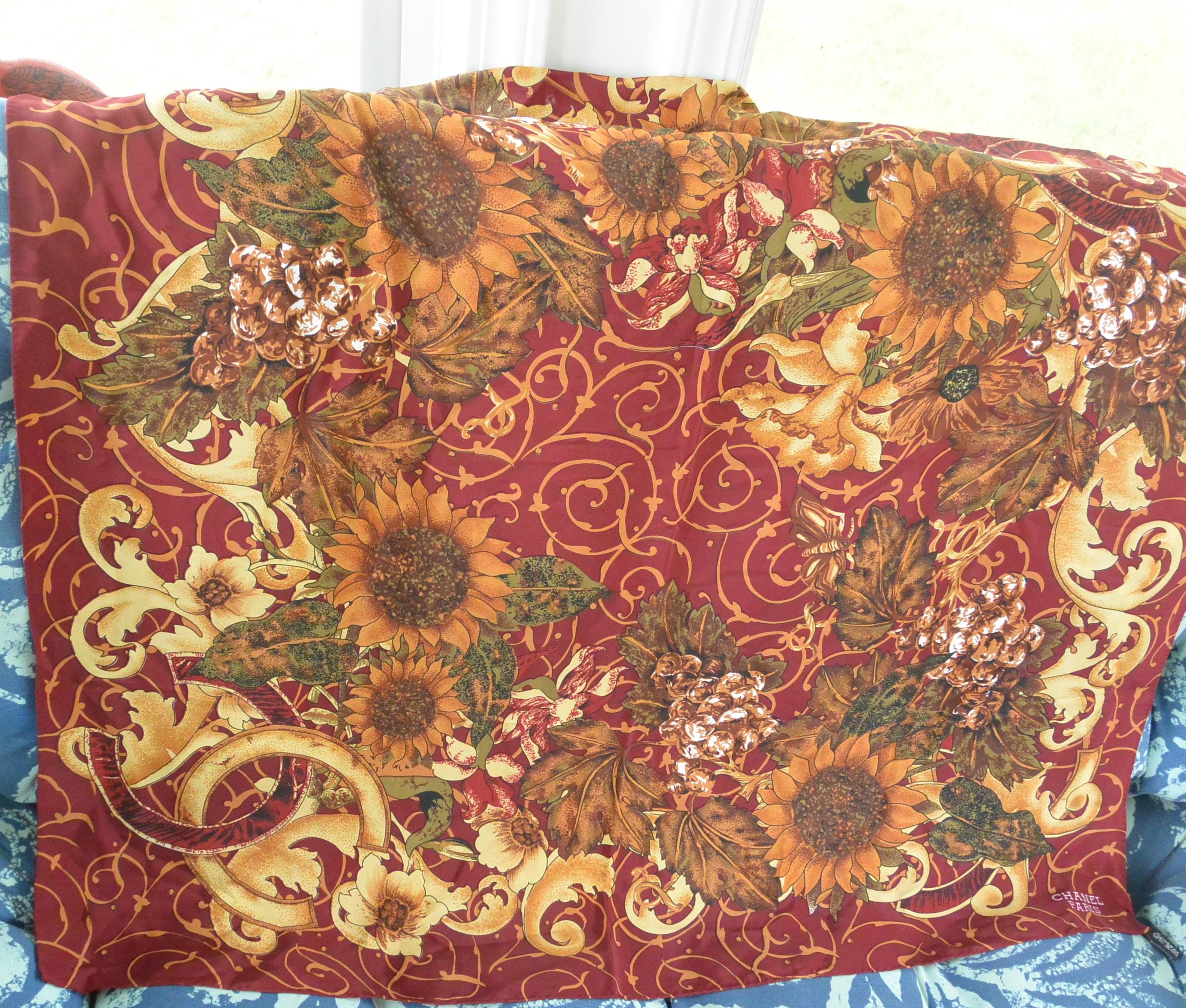 Chanel Paris Scarf- Hallmarked, Sunflowers/scrolls, Silk, 34x34