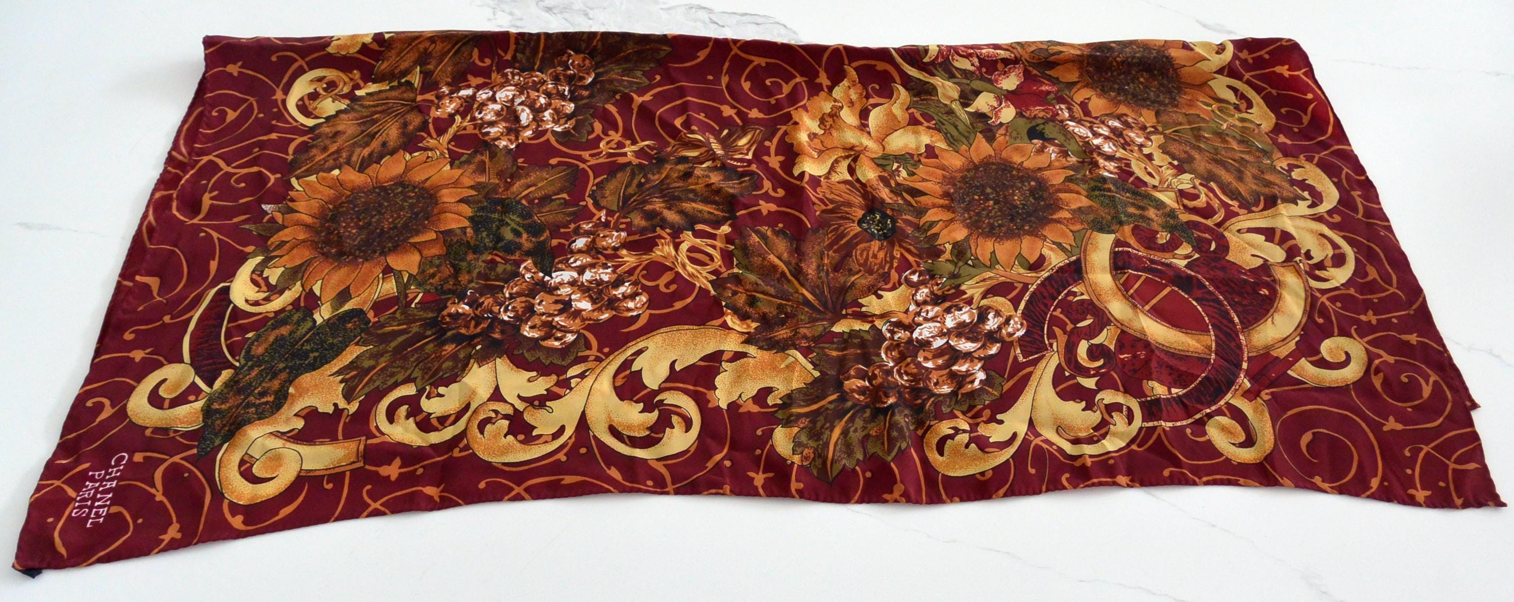 Chanel Paris Scarf- Hallmarked, Sunflowers/scrolls, Silk, 34x34