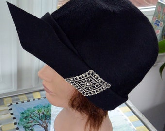 Elsa Schiaparelli Hat - Schiaparelli Paris Label, Black Felt Wool, Art Deco Accent, Multi Occ, Great Gift -Vintage - Rare, Fabulous!
