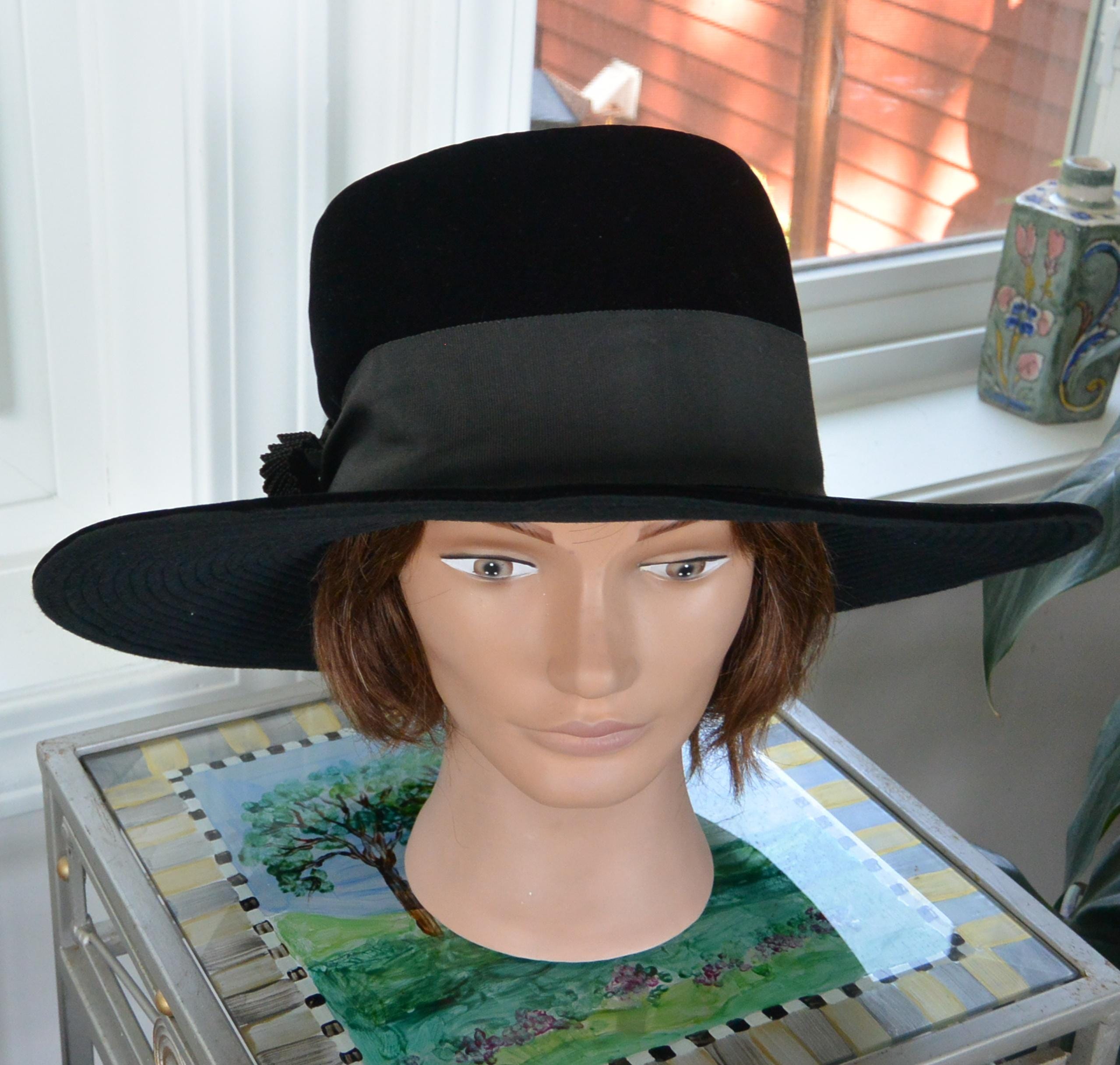 Vintage Designer Wool Felt Asymmetrical Hat Plum Black Neiman Marcus Black Wool Felt Wide Brim Hat: Asymmetrical Brim, Removable  main image 3