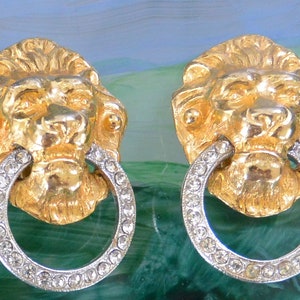SALE! Kenneth J Lane Lion Earrings - Signed, Door Knockers, Pave Crystals, Great Gift - Vintage - Rare, Fabulous!