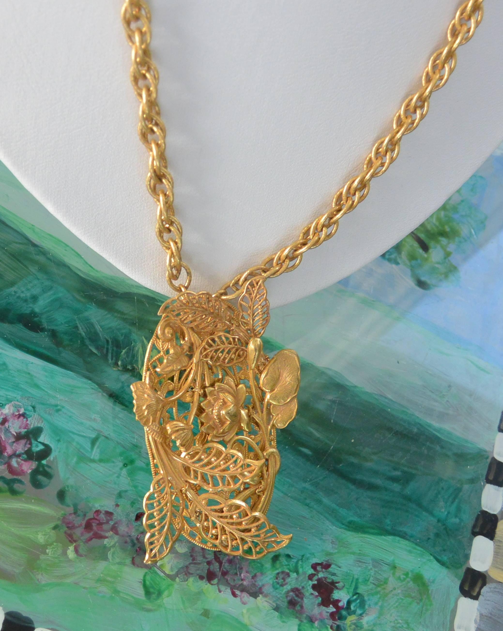 Miriam Haskell Pendant Necklace: Flowers/leaves, Open Work ,gold