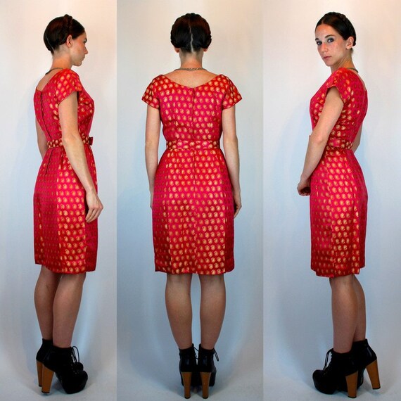 Vintage 50s Dynasty Silk Brocade Cranberry Red Pi… - image 3