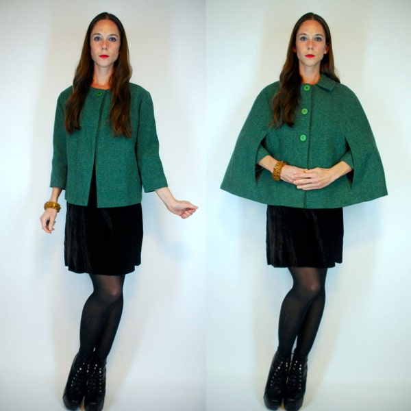 Reserved -- MOD 50s Swing Coat + Cape Set. Wool Green Vintage Jacket Poncho. Boho Mad Men Separates Outerwear. XS/S/M Extra Small - Medium
