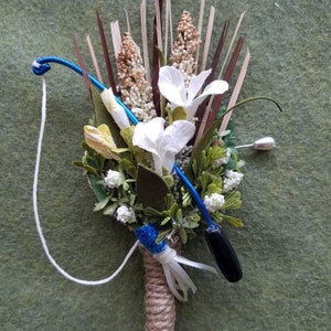 Fishing Wedding Boutonniere (Boutineer) - Miniature fishing pole and lure  with Mixed flowers.