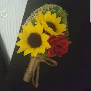 Wedding Boutonniere (Boutineer) - Rustic Sunflower with Red Rose, Mixed Greenery and Burlap Twine