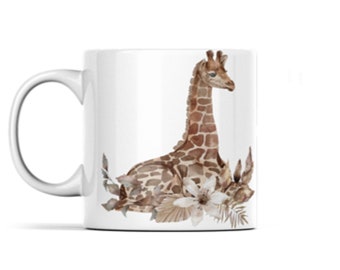 Sitting Down Floral Giraffe Borderless 11oz Mug, Home and Living, Kitchen, White Flower, Autumn Colour Foliage, Kitchen and Dining, Animals