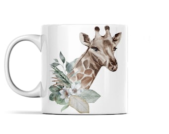 Floral Giraffe, White Flower, Green Foliage, Borderless 11oz Coffee or Tea Mug, Home and Living, Kitchen and Dinning, Drinkware, White, Mug