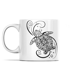 Turtle Mandala Borderless 11oz Mug, Sea Life, Marine Life, Underwater Sea Life, Home and Living, Office, Turtle Lovers, Black and White