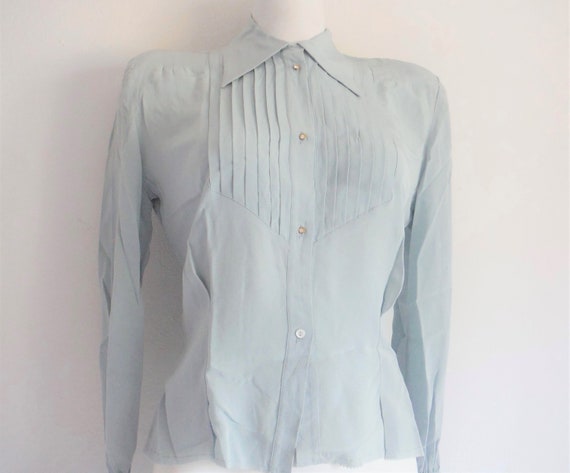 1940s Blue Rayon Blouse