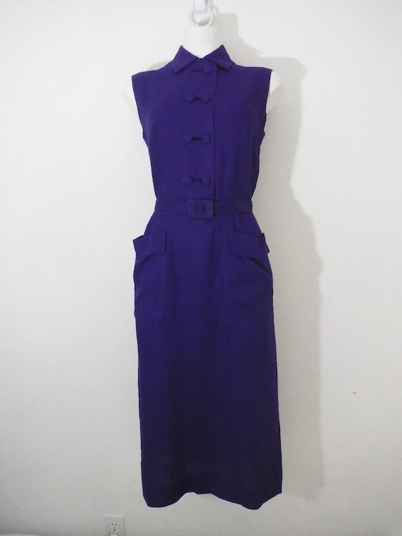 1950s Deep Blue Sleeveless Linen Dress