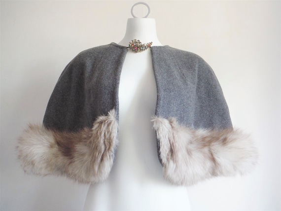 1950s Couture Grey Wool Fox Fur Capelet