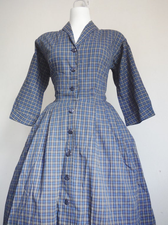 1950s Blue Plaid Cotton Shirtdress