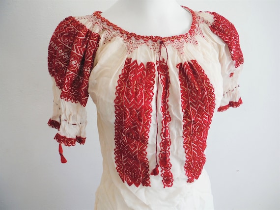 1930s Silk Gauze Red Embroidered Romanian Peasant