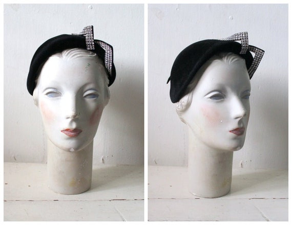 Sophisticated 1950s Black Felt Rhinestone Adorned