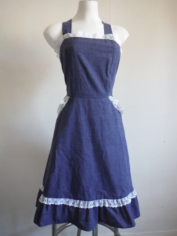 1970s Dark Blue Cotton Chambray Sundress
