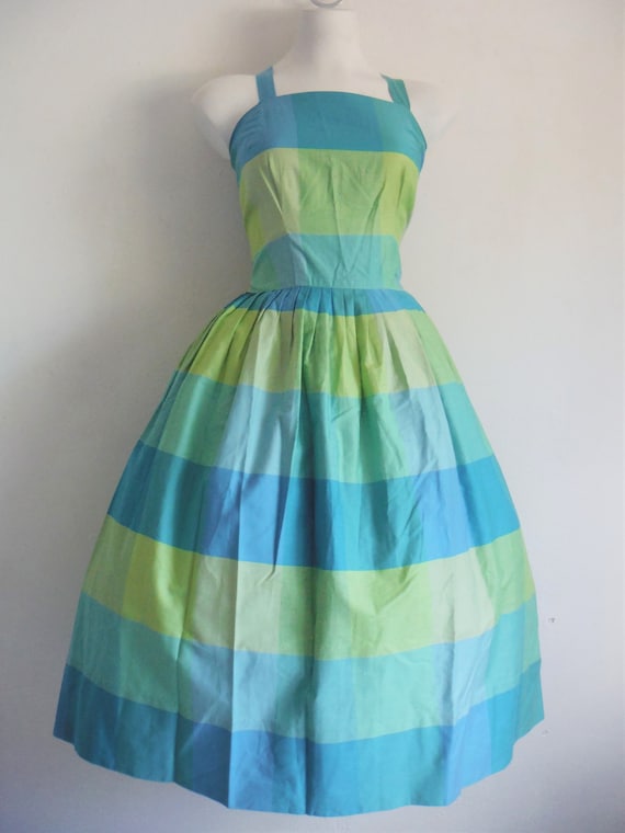 1950s Alex Coleman Cool Blue & Green Check Pattern